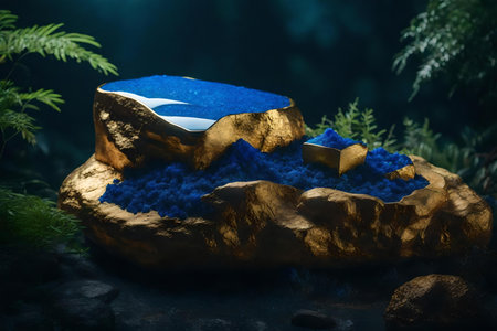 flat golden rock cosmetic podium scenery with azurite in the forest, beautiful materialsの素材
