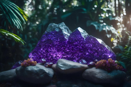 flat iridescent rock podium background with amethyst in the tropical forestの素材