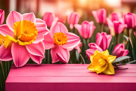 flat pink wooden podium background with daffodil in the streetの素材