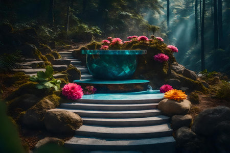 flat iridescent stone cosmetic podium scenery with chrysanthemum in the forestの素材