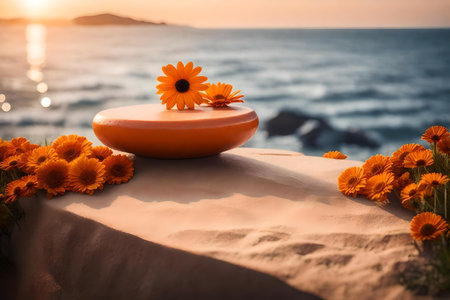 flat orange stone podium scenery with daisy by the sea hyperrealistic materialsの素材