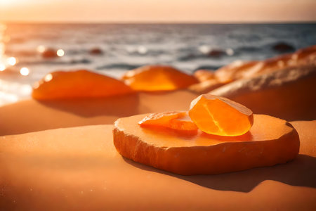 flat orange rock cosmetic podium background with amber by the seaの素材