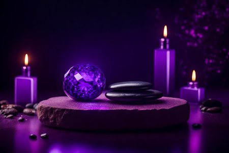 flat purple stone cosmetic podium background with glowing ember in the photo studioの素材