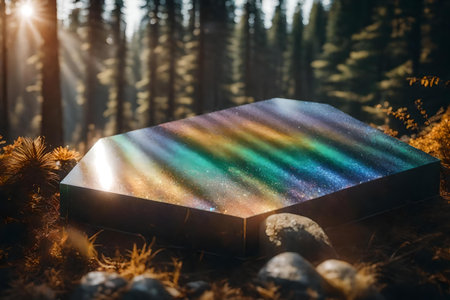 flat iridescent plastic podium background with granite in the forest, beautiful materialsの素材