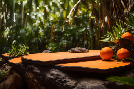 flat orange wooden podium composition with black rock in the tropical forestの素材