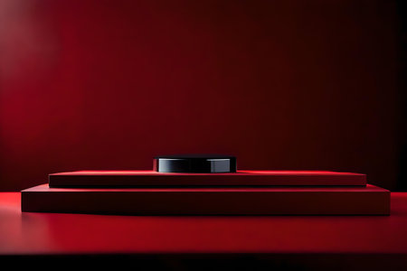 flat red wooden cosmetic podium background with obsidian in the photo studio hyperrealistic materialsの素材