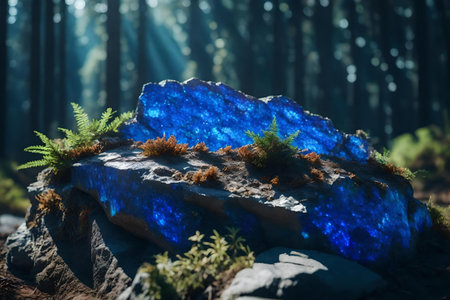 flat iridescent rock podium composition with azurite in the forest beautiful materialsの素材