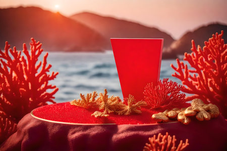 flat red plastic cosmetic podium scenery with golden corals by the sea, hyperrealistic materialsの素材