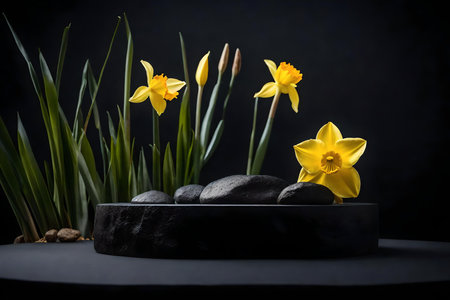 round black rock podium composition with daffodil in the photo studio hyperrealistic materialsの素材