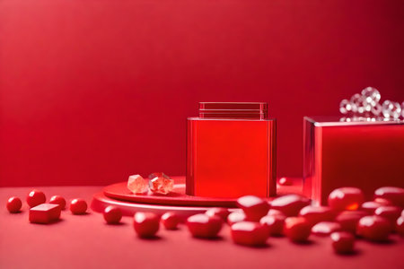 flat red plastic cosmetic podium background with quartz in the photo studio beautiful materialsの素材