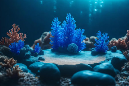 flat iridescent rock cosmetic podium scenery with blue corals in the forest, hyperrealistic materialsの素材