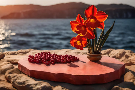 flat red stone podium composition with dried daffodil by the sea beautiful materialsの素材