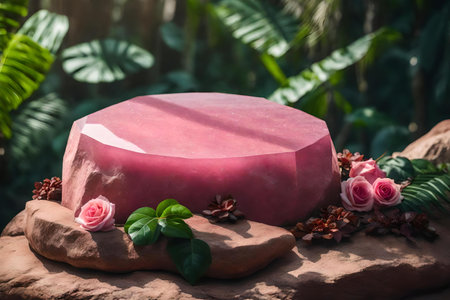 round pink rock cosmetic podium scenery with rose quarts in the tropical forest, hyperrealistic materialsの素材