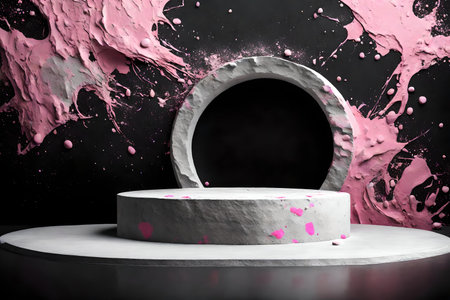 round grey rock podium background black wall with pink and white paint splashの素材