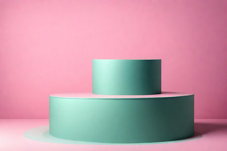 round blue podium close shot pink background studio with green bean high qualityの素材