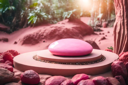 round pink stone podium composition with pink desert in the tropical forestの素材