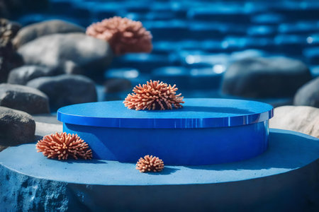 round blue plastic podium composition with stony corals in the street hyperrealistic materialsの素材