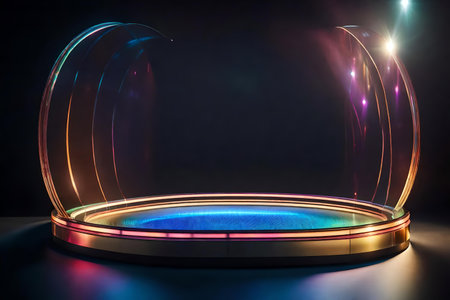 round iridescent plastic podium composition with glass in the photo studio hyperrealistic materialsの素材