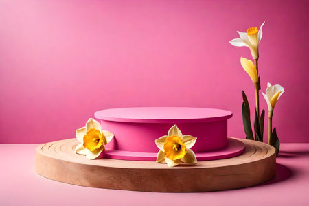 round pink wooden podium scenery with dried daffodil in the photo studioの素材