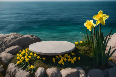 round green rock podium scenery with daffodil by the sea hyperrealistic materialsの素材