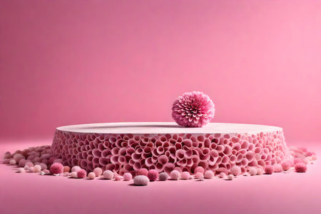round pink stone cosmetic podium composition with dried chrysanthemum by the wavy oceanの素材
