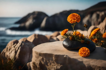 round black rock cosmetic podium scenery with dried marigold flower by the sea hyperrealistic materialsの素材