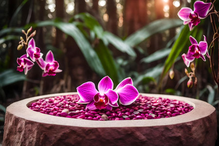 round pink stone podium composition with dried orchid in the tropical forestの素材