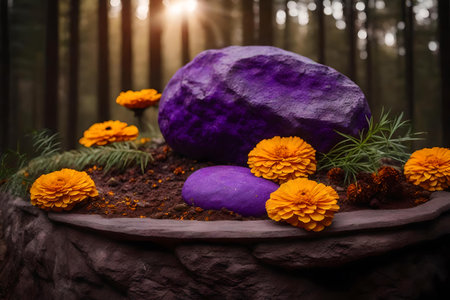 round purple rock podium scenery with dried marigold flower in the forestの素材