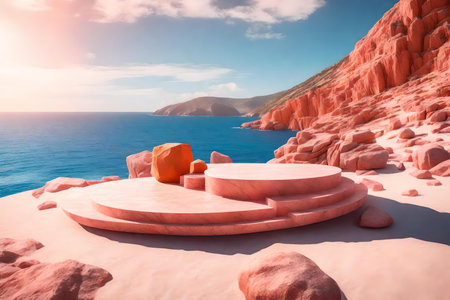 round orange rock cosmetic podium scenery with rose quarts by the blue ocean hyperrealistic materialsの素材