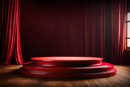round red wooden podium composition with rock in the photo studioの素材