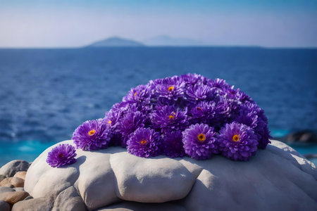round purple rock cosmetic podium composition with chrysanthemum by the seaの素材