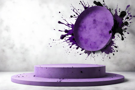 round purple concrete podium background white wall with purple and black paint splashの素材