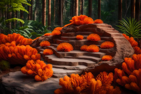 round red rock podium background with orange corals in the forestの素材