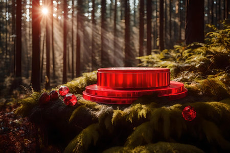 round red plastic podium composition with crystal in the forestの素材