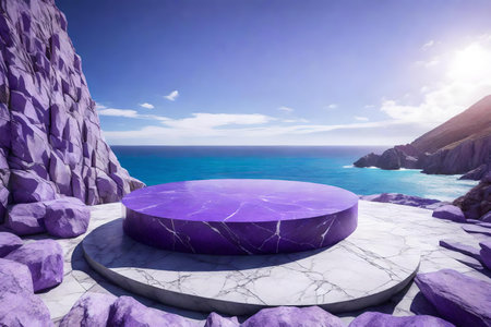 round purple stone podium background with quartzite by the blue oceanの素材