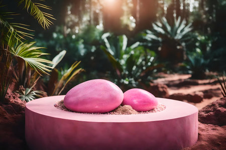 round pink stone podium composition with pink desert in the tropical forestの素材