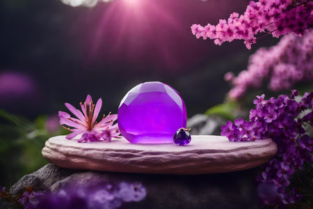 round pink stone cosmetic podium scenery with amethyst in the forestの素材