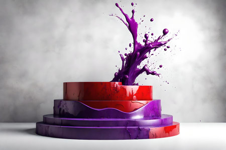 round red wooden podium background white wall with titanium and purple paint splashの素材