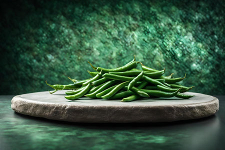 round iridescent podium close shot stone background studio with green bean high qualityの素材