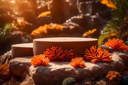 round red rock podium background with orange corals in the forestの素材