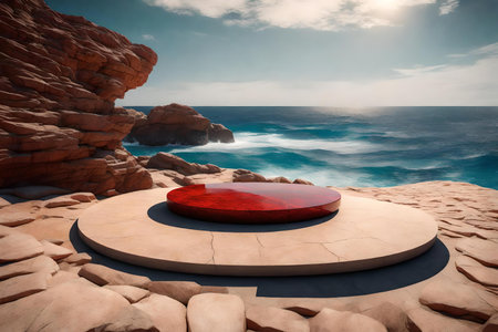round red stone podium composition with rock by the wavy oceanの素材