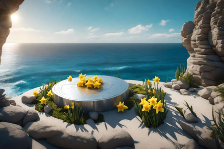round silver rock podium scenery with daffodil by the wavy oceanの素材