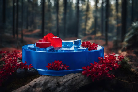 round red plastic cosmetic podium composition with blue calcite in the forestの素材