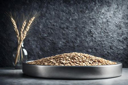 round silver podium close shot, stone background studio with oatsの素材