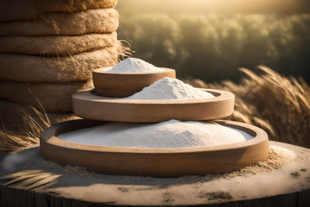 round stone podium close shot, background farm with flourの素材