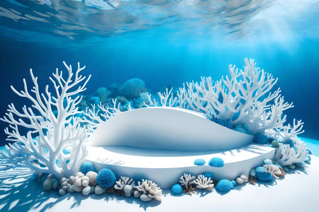 round white plastic podium background with blue corals by the wavy oceanの素材