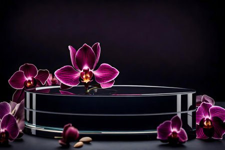 round tinted glass stone podium background with dried orchid in the photo studioの素材