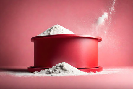 round red podium close shot pink background studio with flourの素材