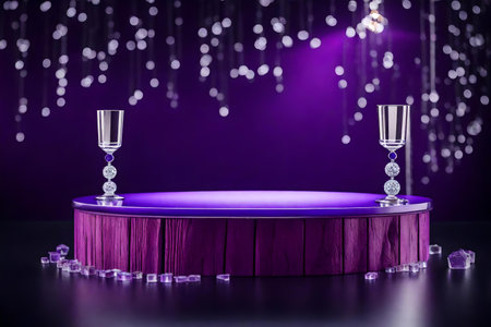 round purple wooden cosmetic podium background with crystal ice in the photo studioの素材