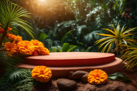 round red rock cosmetic podium scenery with marigold flower in the tropical forestの素材